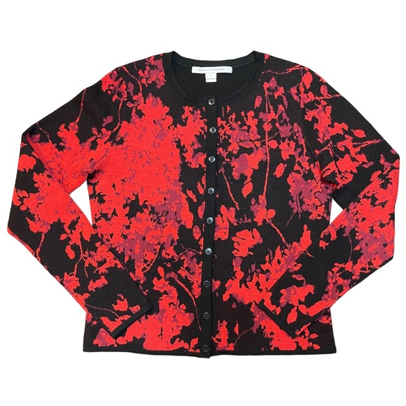 DVF Ibiza Cardigan Sweater Floral Wool Diane von Furstenberg Red Black Large EUC - Picture 2 of 7